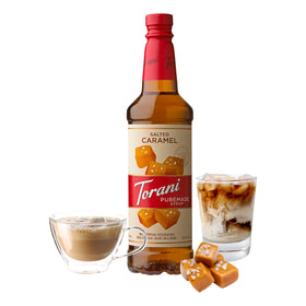 Torani Puremade Salted Caramel Syrup being poured into hot chocolate or iced coffee beverages