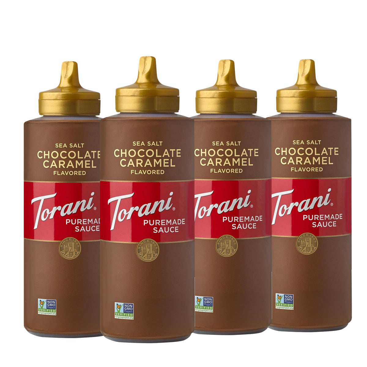 Torani Puremade Salted Chocolate Caramel Sauce bottle offers versatile toppings.