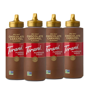 Torani Puremade Salted Chocolate Caramel Sauce bottle offers versatile toppings.