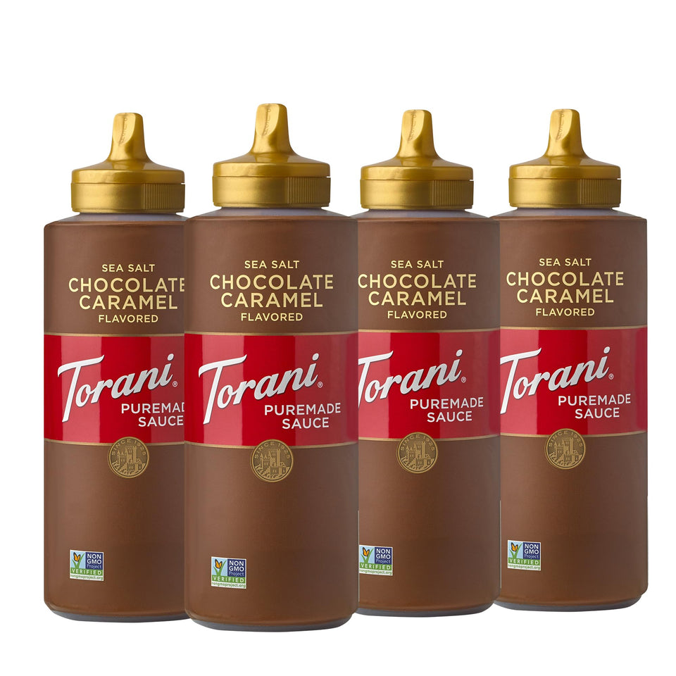 Torani Puremade Salted Chocolate Caramel Sauce bottle offers versatile toppings.