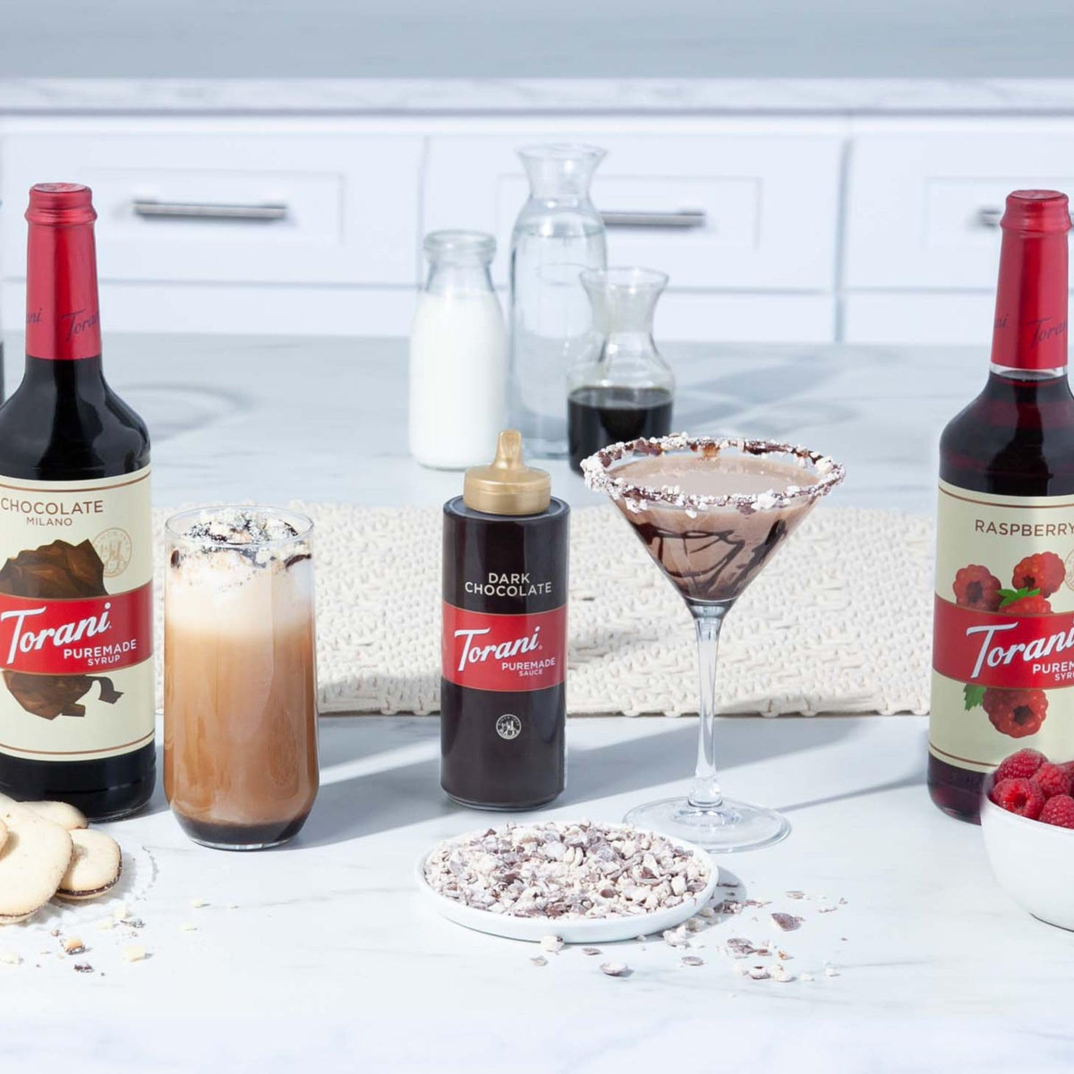 Dessert presentation with Torani Puremade Salted Chocolate Caramel Sauce enhances flavor.