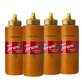 Torani Puremade Caramel sauce bottle front, rich flavor for desserts
