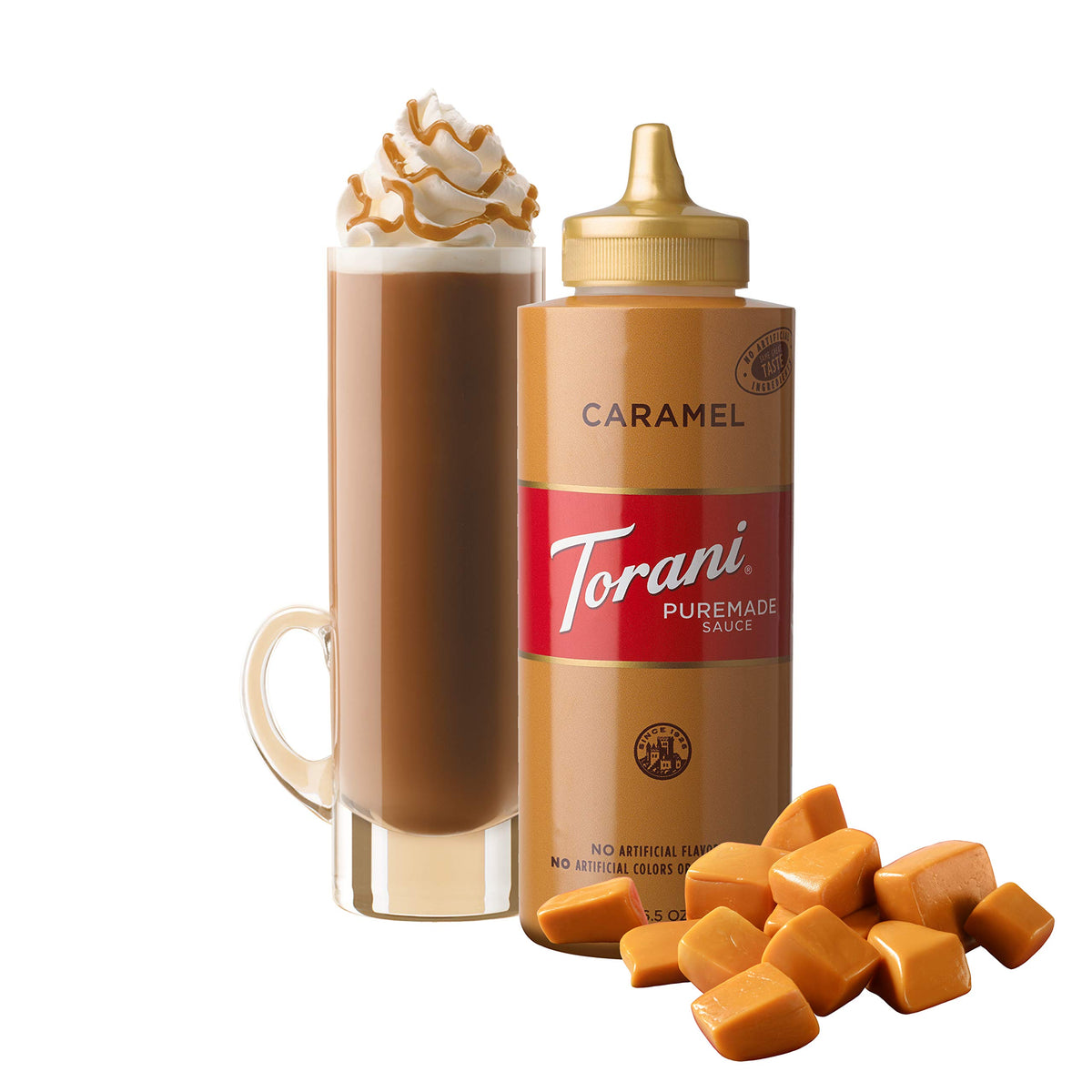 Torani Puremade Caramel bottle pour, ideal for mochas and shakes