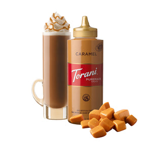 Torani Puremade Caramel bottle pour, ideal for mochas and shakes