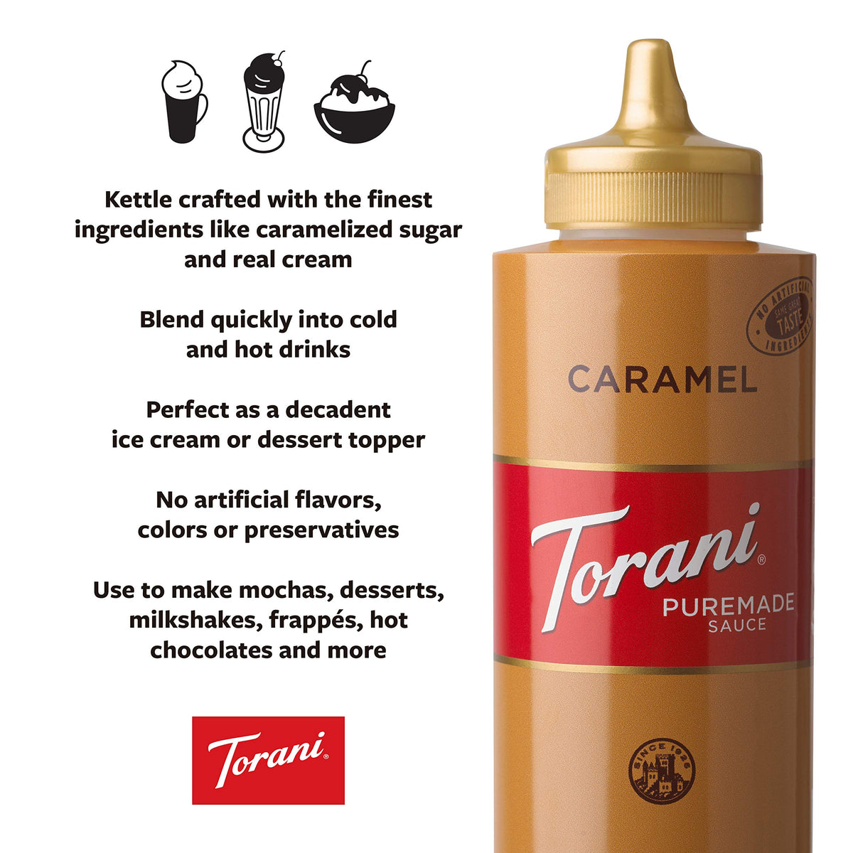 Torani Puremade Caramel dessert plate drizzle for restaurant-style caramel finish