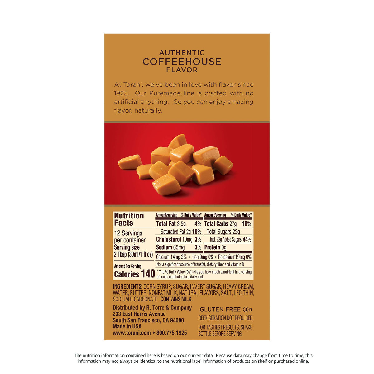 Torani Puremade Caramel label closeup showing no artificial colors or preservatives