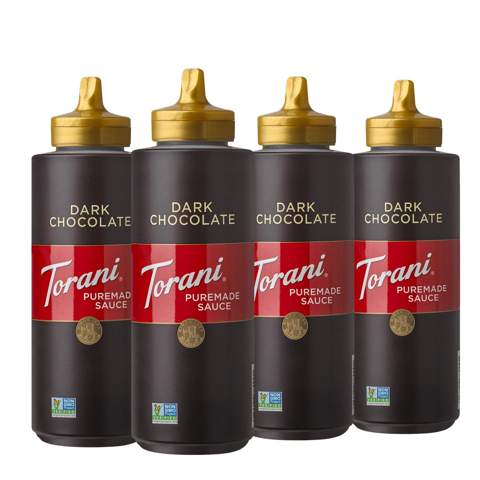 Torani Puremade Dark Chocolate Sauce bottle pouring to enrich espresso drinks