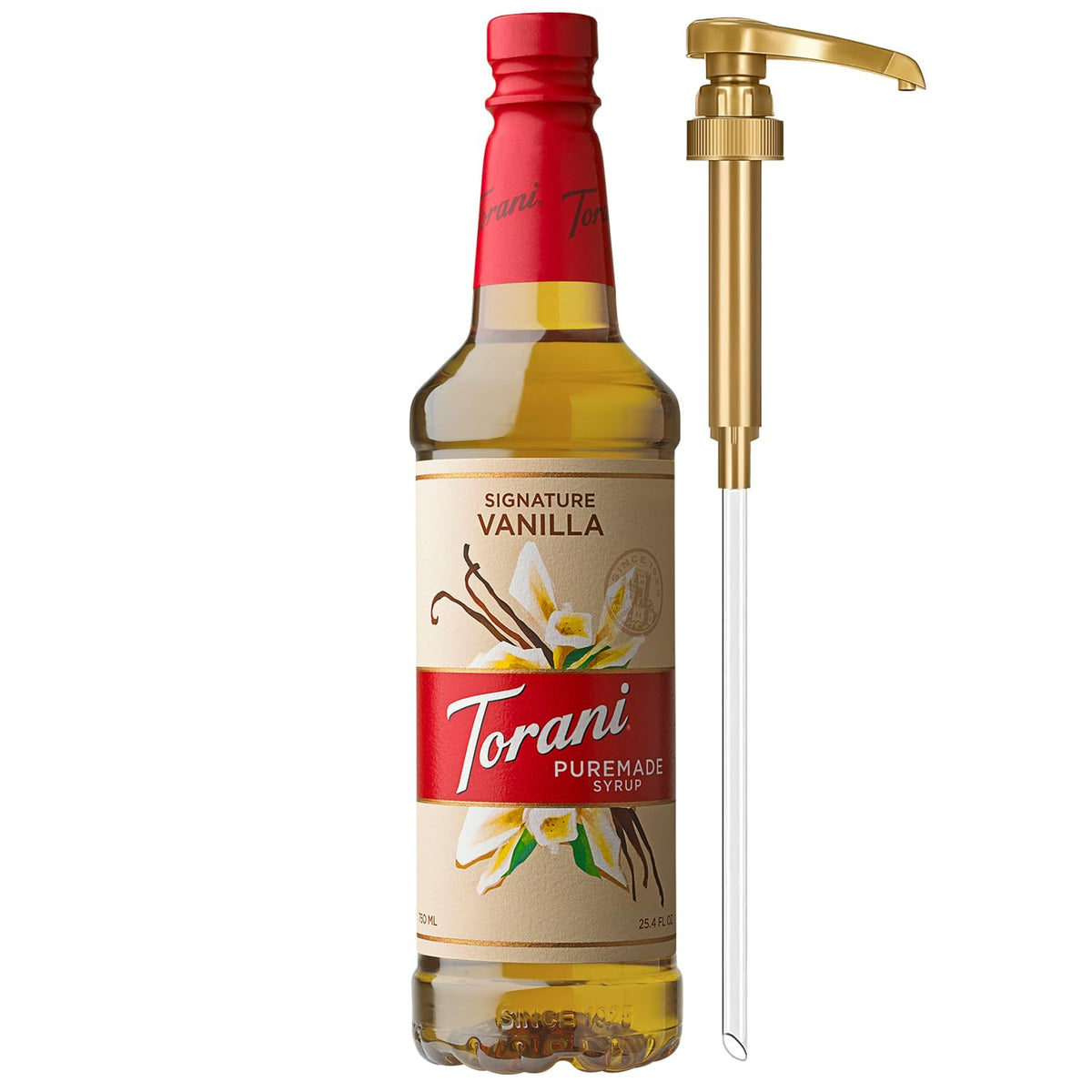 Torani Puremade Signature Vanilla Syrup bottle with pump for easy measuring in beverages