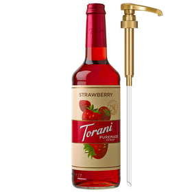 Torani Puremade Strawberry Syrup bottle with pump for easy dosing