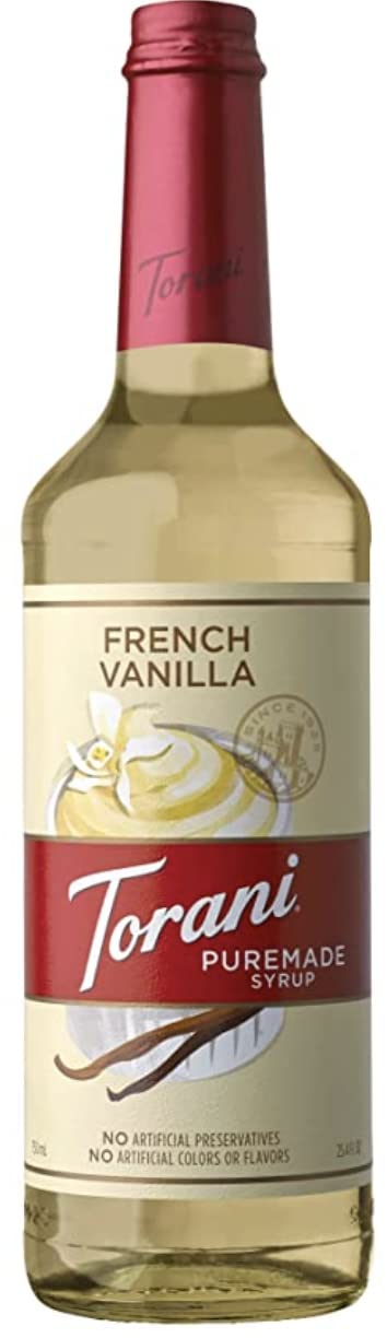Torani Puremade French Vanilla syrup bottle for coffee, desserts, and flavored beverages.