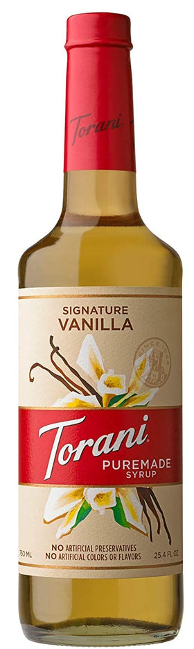 Torani Puremade Signature Vanilla syrup bottle for lattes and iced coffee
