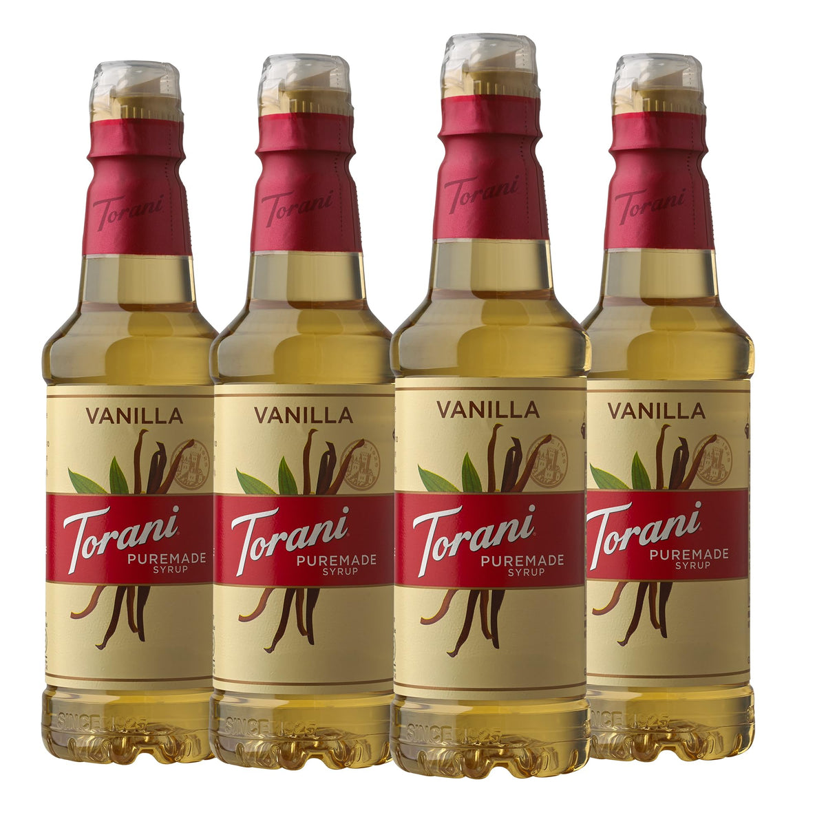Torani Puremade Vanilla syrup bottle close-up for premium flavor
