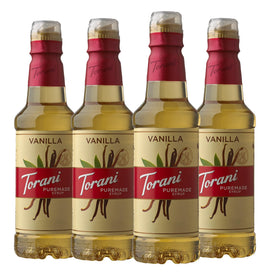 Torani Puremade Vanilla syrup bottle close-up for premium flavor