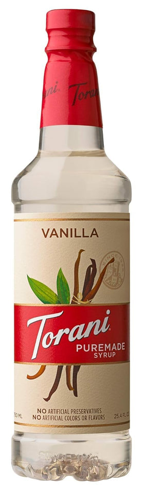 Torani Puremade Vanilla syrup bottle close-up for coffee and desserts.