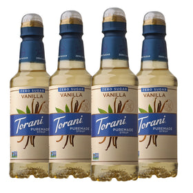 Torani Puremade Vanilla syrup bottle with zero sugar and clean ingredients.