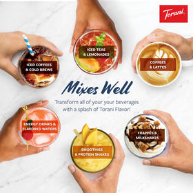 Torani Puremade Vanilla syrup served in a glass over ice.