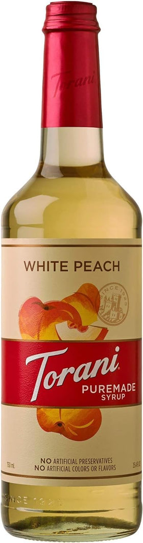 Torani Puremade White Peach syrup bottle showcasing natural flavors for drinks.
