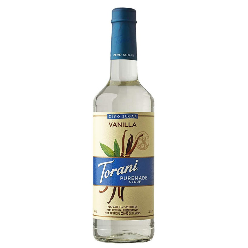 Torani Puremade Zero Sugar Vanilla syrup bottle for cafe-quality flavor.