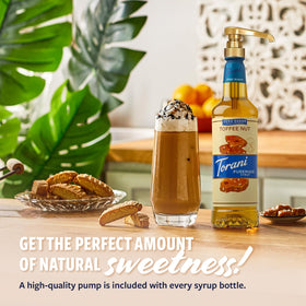 Torani Puremade Toffee Nut Syrup bottle label closeup highlights sugar-free decadence.