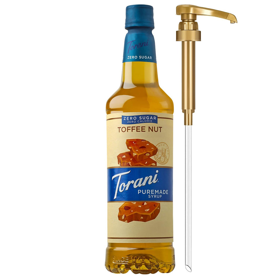 Torani Puremade Toffee Nut Syrup bottle with pump for sugar-free coffee flavor.