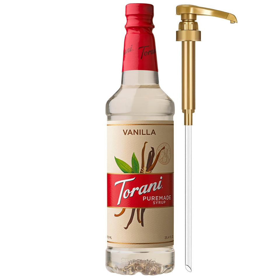 Torani Puremade Vanilla Syrup bottle with pump for precise pouring in the café kitchen