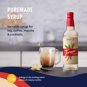 BPA-free Torani Puremade Vanilla Syrup bottle on a kitchen counter