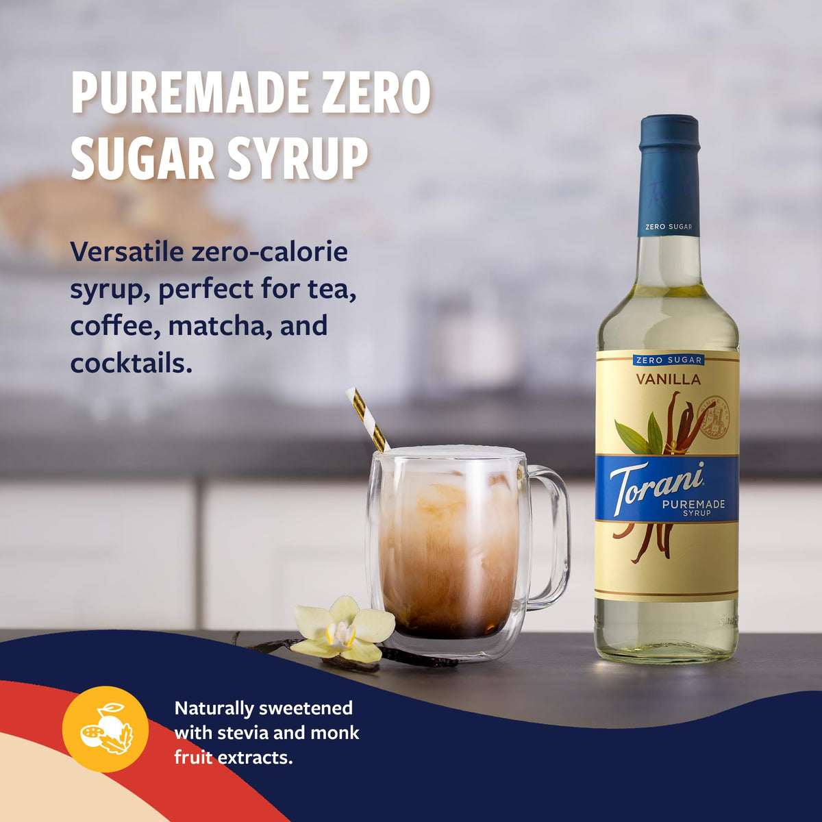 Torani Puremade Vanilla syrup glass bottle on a kitchen counter for home use.
