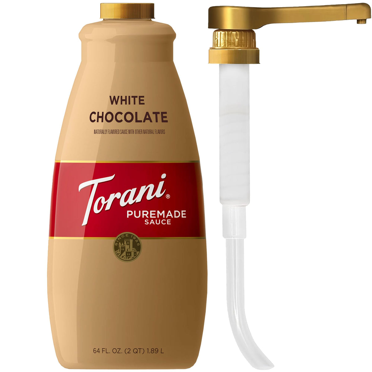 Torani Puremade White Chocolate Sauce bottle front for rich coffee flavor inspiration