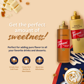 Torani Puremade White Chocolate Sauce bottle for rich hot chocolate.