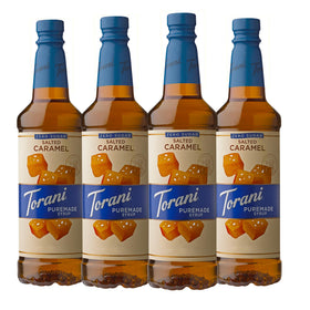 Torani Puremade Zero Sugar Salted Caramel bottle for home cafe flavoring.