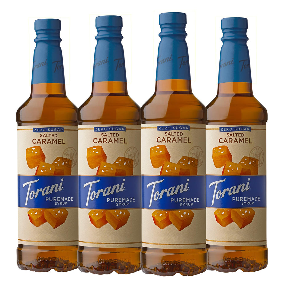 Torani Puremade Zero Sugar Salted Caramel bottle for home cafe flavoring.