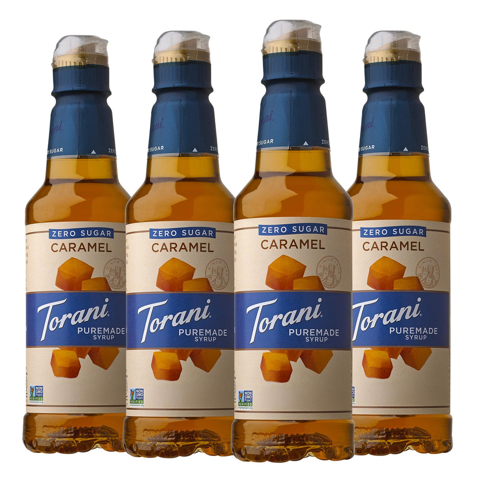 Torani Puremade Zero Sugar Caramel Syrup bottle highlighting versatile flavoring for drinks