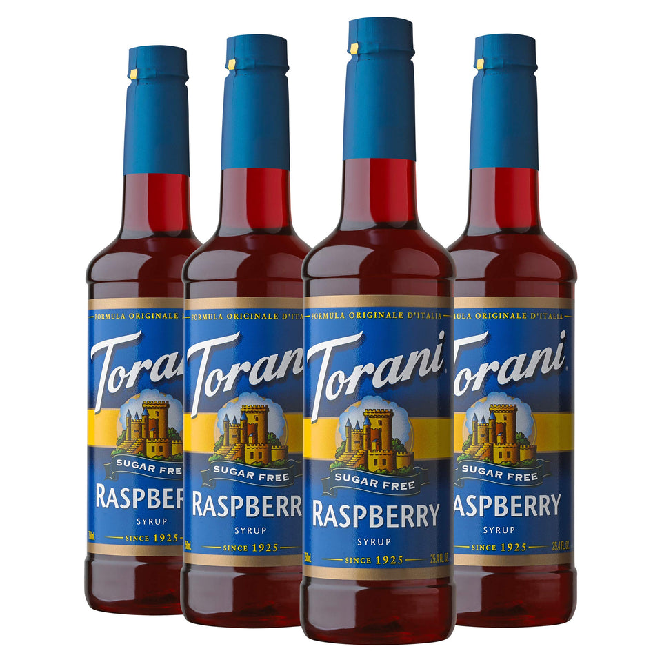 Torani Raspberry Sugar Free Syrup bottle with bold flavor and zero calories.