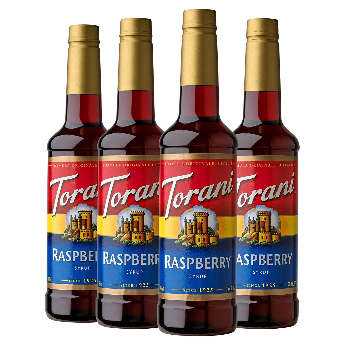 Torani Raspberry Syrup bottle front shows vibrant color for craft beverages