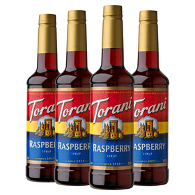Torani Raspberry Syrup bottle front shows vibrant color for craft beverages