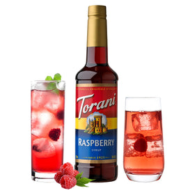 Torani Raspberry Syrup bottle side view highlights berry aroma for iced drinks