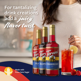 Torani raspberry syrup bottle for bold berry flavor in sodas and mocktails