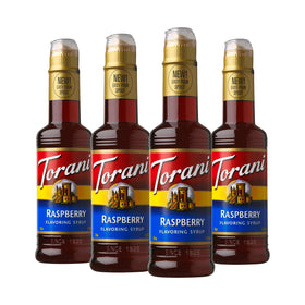 Torani Raspberry Syrup bottle for adding fruity flavor to coffee and desserts