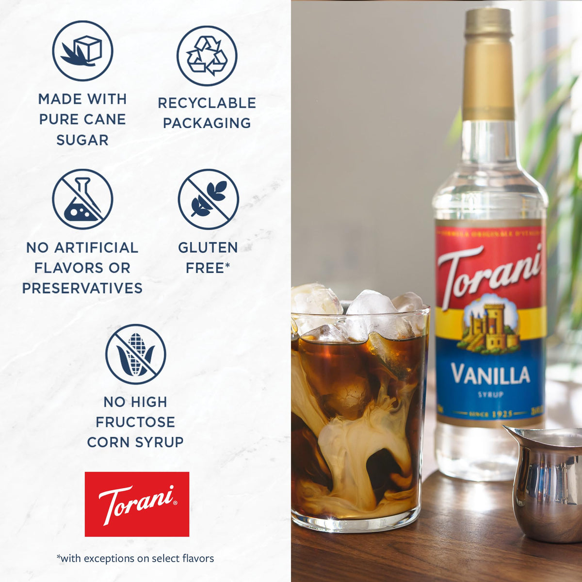 Torani Raspberry Syrup poured into a glass with ice for a refreshing beverage