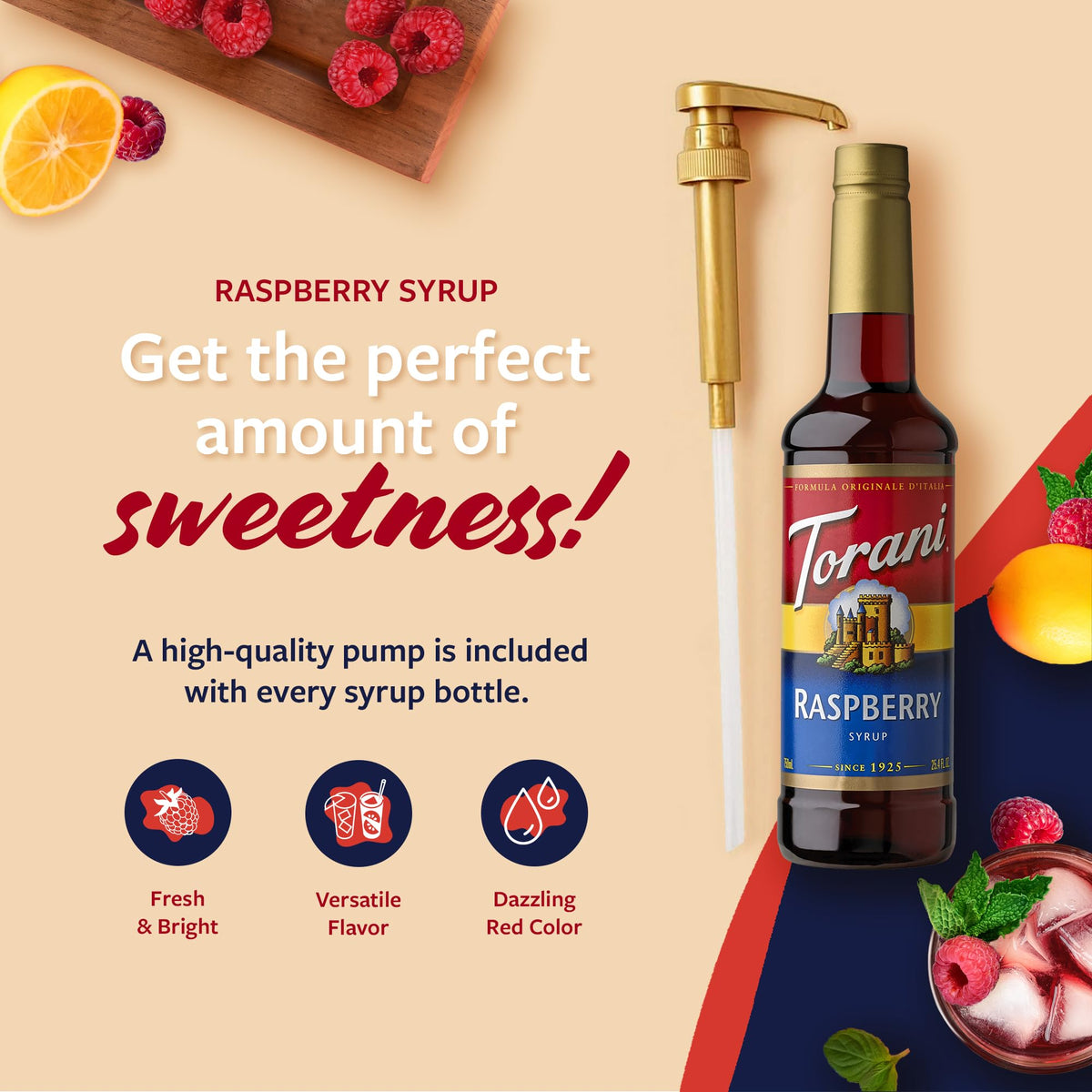 Torani Raspberry Syrup label detail highlights natural flavors for everyday flavoring.