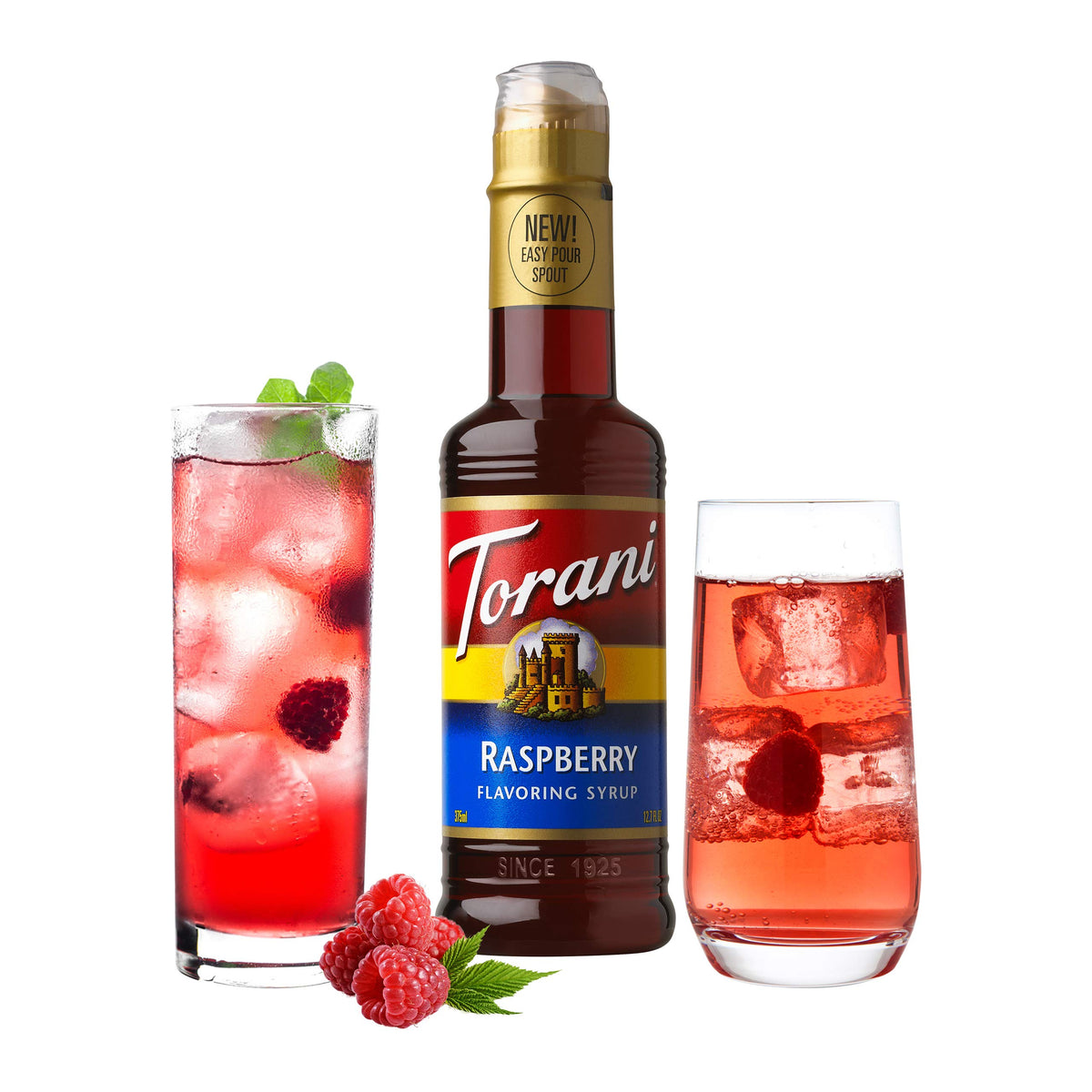 Torani Raspberry Syrup being poured into a cup for a vibrant drink
