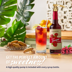 Torani Raspberry Syrup pour demonstrates vibrant raspberry color.