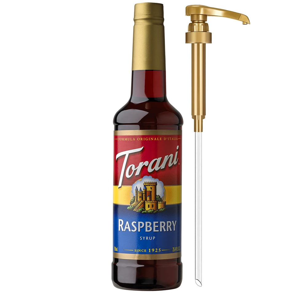 Torani Raspberry Syrup with Pump for precise, mess-free flavoring.