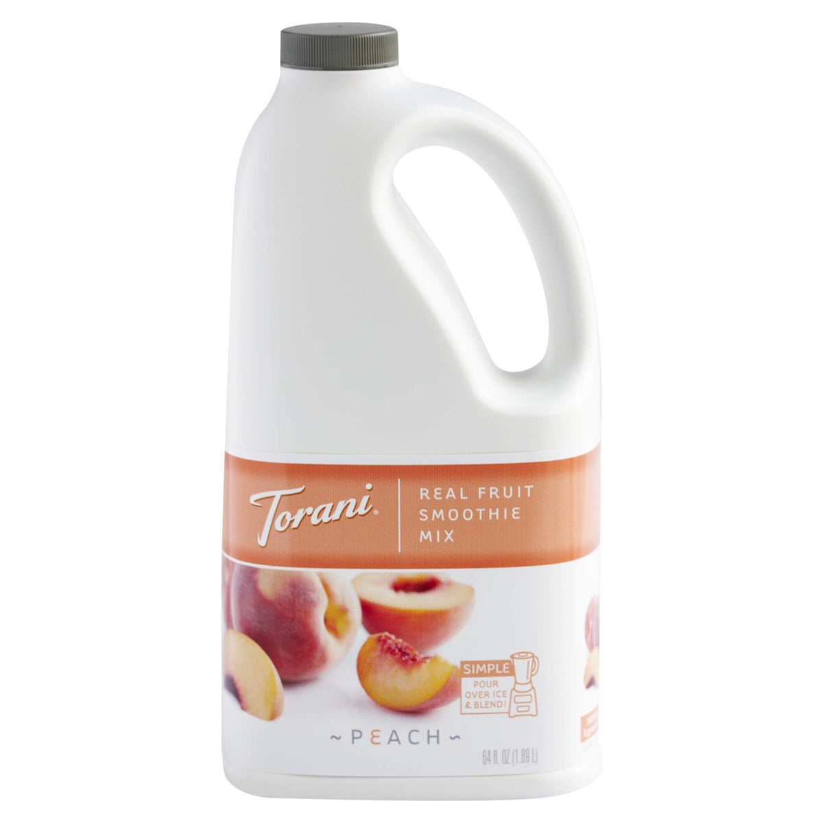 Torani Real Fruit Peach Smoothie Mix 64 oz bottle with sun-drenched peaches for fresh smoothies.