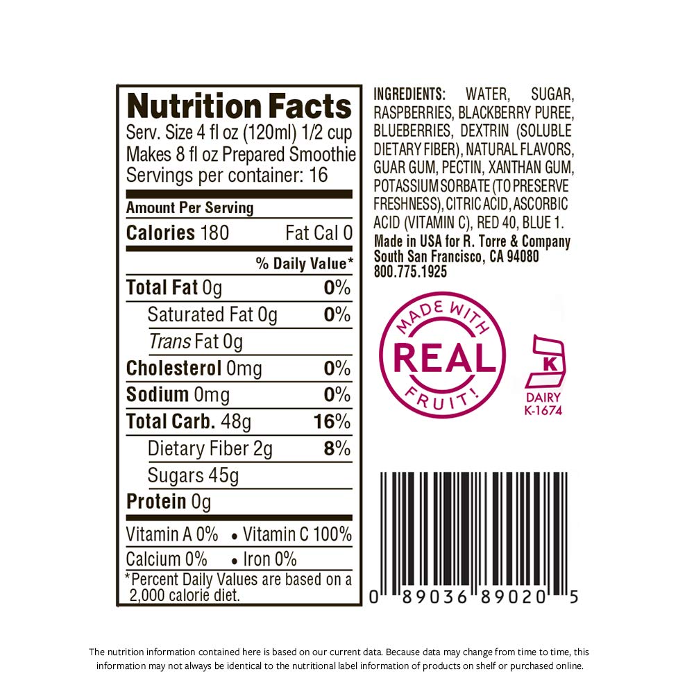 Torani Real Fruit Smoothie Wildberry Mix ingredients prep with fresh fruit