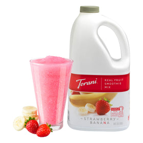 Close up of real fruit blend in Torani mix with bananas and strawberries