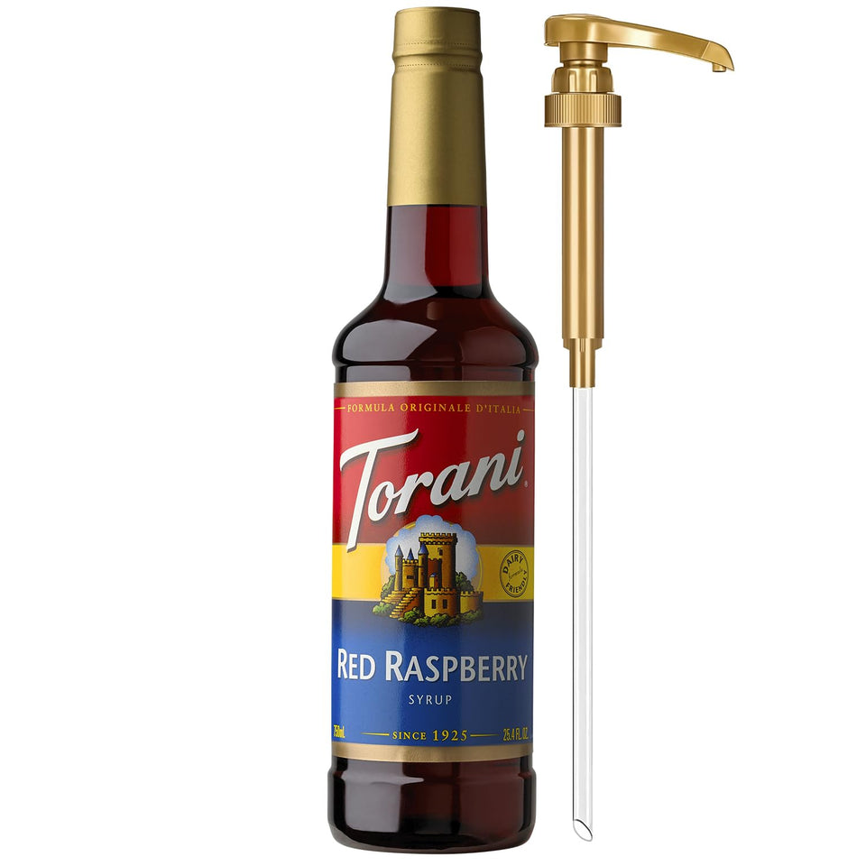 Torani Red Raspberry Syrup bottle with pump for effortless flavoring in drinks.