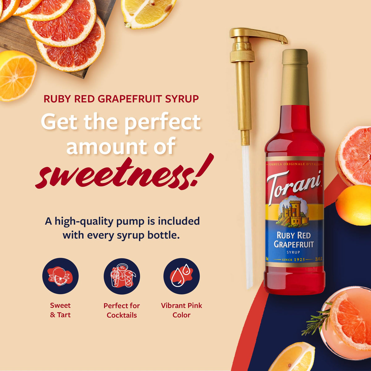Torani Ruby Red Grapefruit Syrup pour showcases vibrant citrus sweetness in drinks.