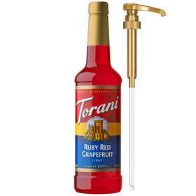 Torani Ruby Red Grapefruit Syrup with pump for precise, mess-free flavoring.