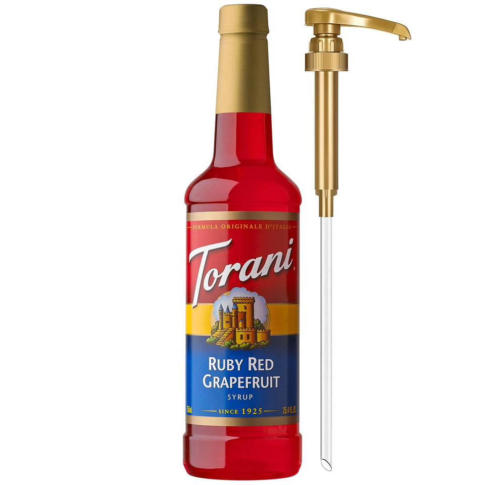 Torani Ruby Red Grapefruit Syrup with pump for precise, mess-free flavoring.